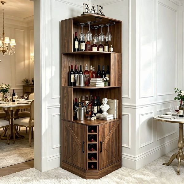 English Elm Tall Farmhouse Corner Bar Cabinet with Wine Glass Rack and Open Display Shelving Walnut Brown W2977P536711