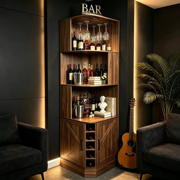 English Elm Tall Farmhouse Corner Bar Cabinet with Wine Glass Rack and Open Display Shelving Walnut Brown W2977P536711