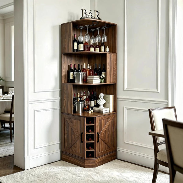 English Elm Tall Farmhouse Corner Bar Cabinet with Wine Glass Rack and Open Display Shelving Walnut Brown W2977P536711
