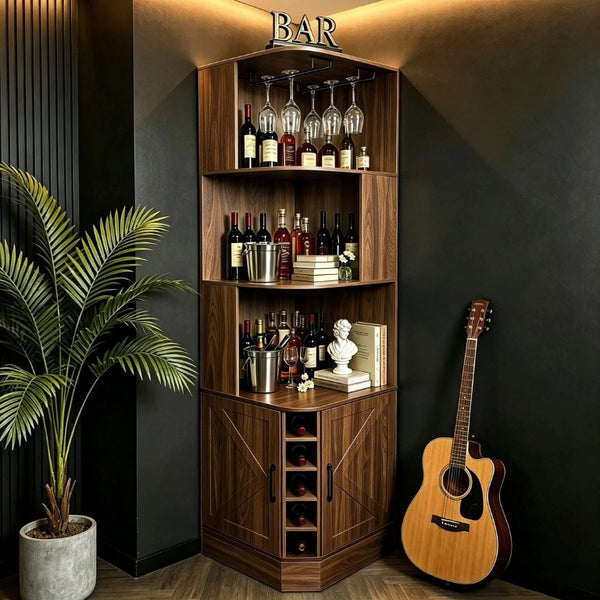 English Elm Tall Farmhouse Corner Bar Cabinet with Wine Glass Rack and Open Display Shelving Walnut Brown W2977P536711