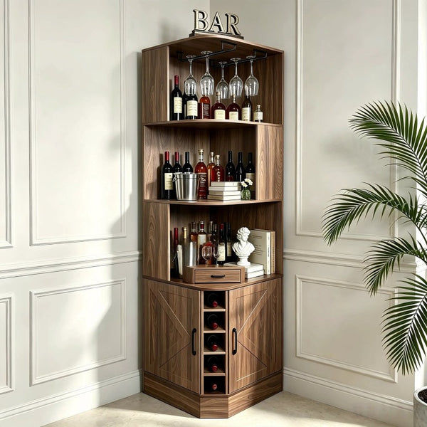 English Elm Tall Farmhouse Corner Bar Cabinet with Wine Glass Rack and Open Display Shelving Walnut Brown W2977P536711