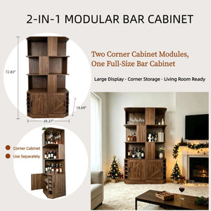 English Elm Tall Farmhouse Corner Bar Cabinet with Wine Glass Rack and Open Display Shelving Walnut Brown W2977P536711