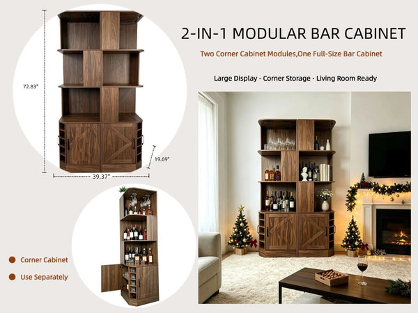 English Elm Tall Farmhouse Corner Bar Cabinet with Wine Glass Rack and Open Display Shelving Walnut Brown W2977P536711