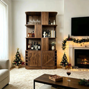 English Elm Tall Farmhouse Corner Bar Cabinet with Wine Glass Rack and Open Display Shelving Walnut Brown W2977P536711