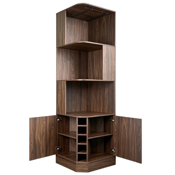 English Elm Tall Farmhouse Corner Bar Cabinet with Wine Glass Rack and Open Display Shelving Walnut Brown W2977P536711