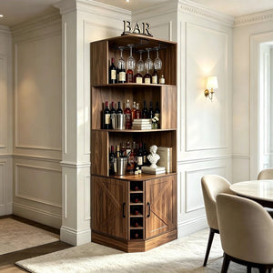 English Elm Tall Farmhouse Corner Bar Cabinet with Wine Glass Rack and Open Display Shelving Walnut Brown W2977P536711