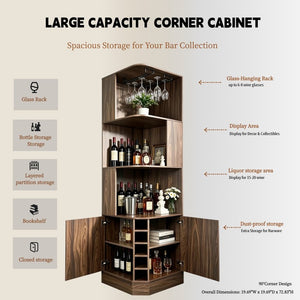 English Elm Tall Farmhouse Corner Bar Cabinet with Wine Glass Rack and Open Display Shelving Walnut Brown W2977P536711