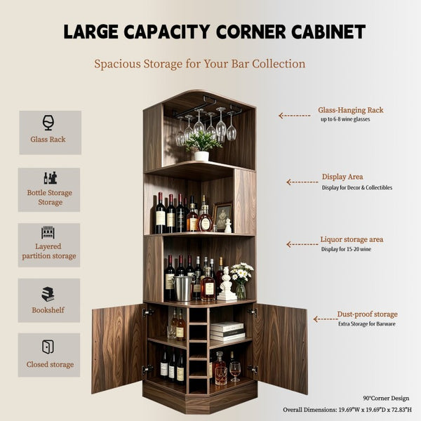 English Elm Tall Farmhouse Corner Bar Cabinet with Wine Glass Rack and Open Display Shelving Walnut Brown W2977P536711