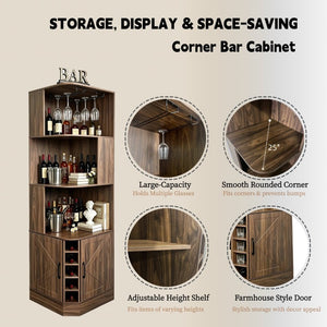 English Elm Tall Farmhouse Corner Bar Cabinet with Wine Glass Rack and Open Display Shelving Walnut Brown W2977P536711