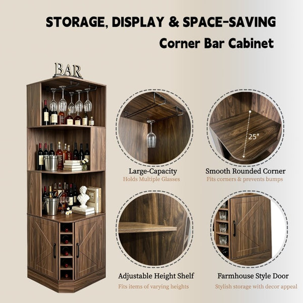 English Elm Tall Farmhouse Corner Bar Cabinet with Wine Glass Rack and Open Display Shelving Walnut Brown W2977P536711