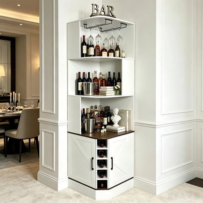 English Elm Tall Farmhouse Corner Bar Cabinet with Wine Glass Rack and Open Display Shelving White W2977P536713