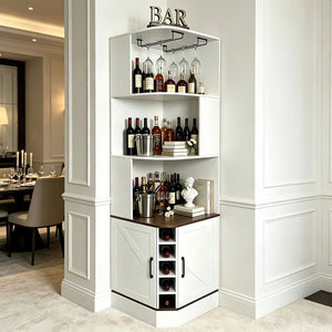 English Elm Tall Farmhouse Corner Bar Cabinet with Wine Glass Rack and Open Display Shelving White W2977P536713