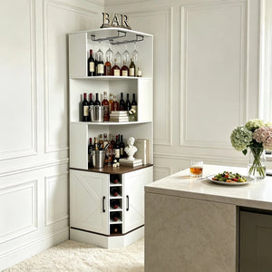 English Elm Tall Farmhouse Corner Bar Cabinet with Wine Glass Rack and Open Display Shelving White W2977P536713