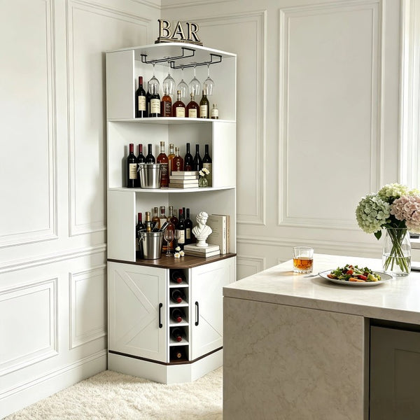 English Elm Tall Farmhouse Corner Bar Cabinet with Wine Glass Rack and Open Display Shelving White W2977P536713