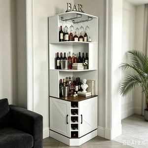 English Elm Tall Farmhouse Corner Bar Cabinet with Wine Glass Rack and Open Display Shelving White W2977P536713