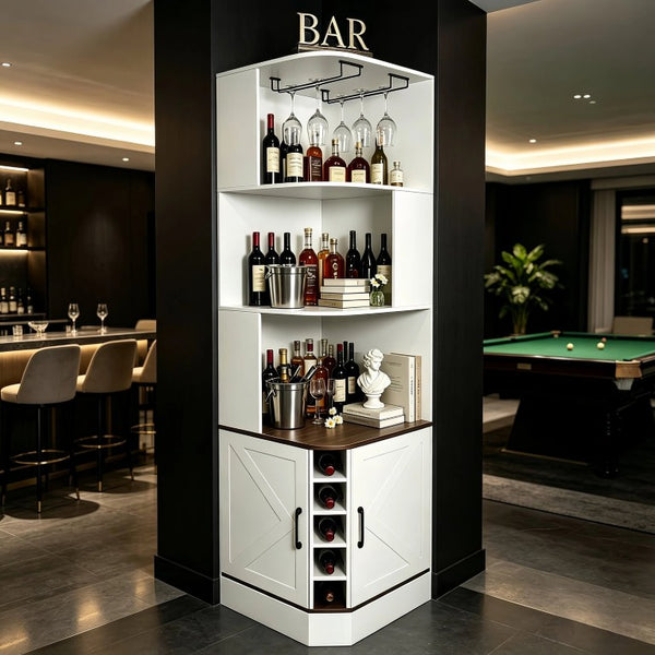 English Elm Tall Farmhouse Corner Bar Cabinet with Wine Glass Rack and Open Display Shelving White W2977P536713