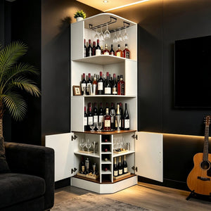 English Elm Tall Farmhouse Corner Bar Cabinet with Wine Glass Rack and Open Display Shelving White W2977P536713