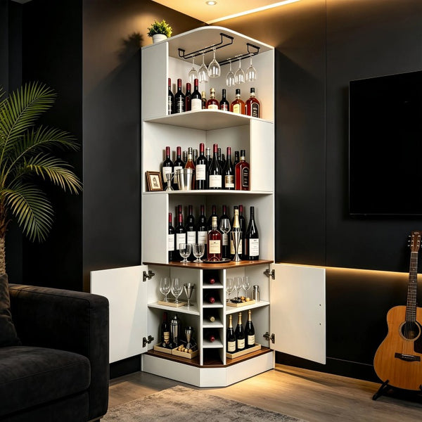 English Elm Tall Farmhouse Corner Bar Cabinet with Wine Glass Rack and Open Display Shelving White W2977P536713
