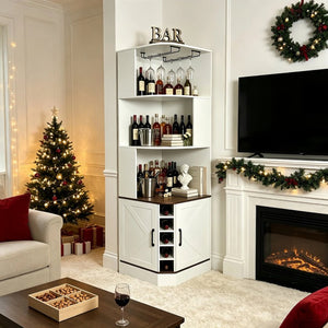 English Elm Tall Farmhouse Corner Bar Cabinet with Wine Glass Rack and Open Display Shelving White W2977P536713
