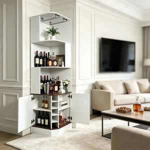 English Elm Tall Farmhouse Corner Bar Cabinet with Wine Glass Rack and Open Display Shelving White W2977P536713