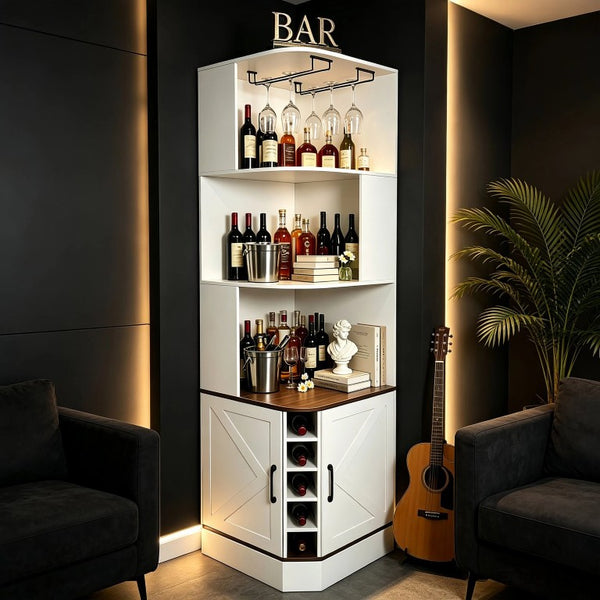 English Elm Tall Farmhouse Corner Bar Cabinet with Wine Glass Rack and Open Display Shelving White W2977P536713