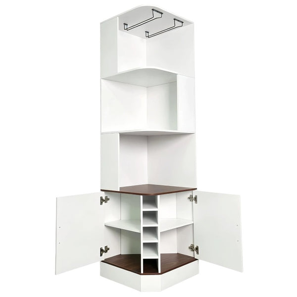 English Elm Tall Farmhouse Corner Bar Cabinet with Wine Glass Rack and Open Display Shelving White W2977P536713