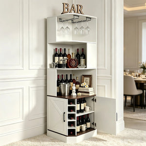 English Elm Tall Farmhouse Corner Bar Cabinet with Wine Glass Rack and Open Display Shelving White W2977P536713