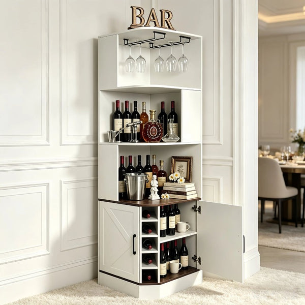 English Elm Tall Farmhouse Corner Bar Cabinet with Wine Glass Rack and Open Display Shelving White W2977P536713