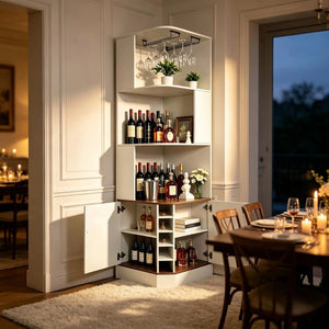 English Elm Tall Farmhouse Corner Bar Cabinet with Wine Glass Rack and Open Display Shelving White W2977P536713