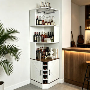 English Elm Tall Farmhouse Corner Bar Cabinet with Wine Glass Rack and Open Display Shelving White W2977P536713
