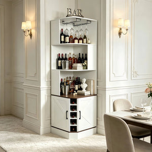 English Elm Tall Farmhouse Corner Bar Cabinet with Wine Glass Rack and Open Display Shelving White W2977P536713