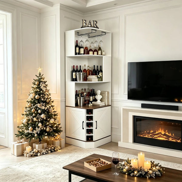 English Elm Tall Farmhouse Corner Bar Cabinet with Wine Glass Rack and Open Display Shelving White W2977P536713