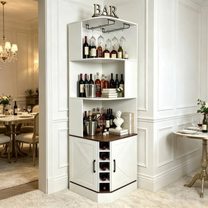 English Elm Tall Farmhouse Corner Bar Cabinet with Wine Glass Rack and Open Display Shelving White W2977P536713