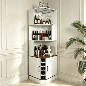 English Elm Tall Farmhouse Corner Bar Cabinet with Wine Glass Rack and Open Display Shelving White W2977P536713