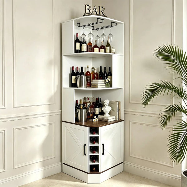 English Elm Tall Farmhouse Corner Bar Cabinet with Wine Glass Rack and Open Display Shelving White W2977P536713