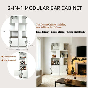 English Elm Tall Farmhouse Corner Bar Cabinet with Wine Glass Rack and Open Display Shelving White W2977P536713