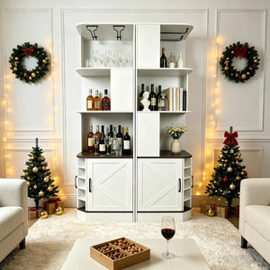 English Elm Tall Farmhouse Corner Bar Cabinet with Wine Glass Rack and Open Display Shelving White W2977P536713