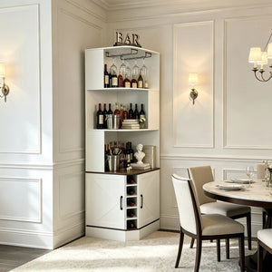 English Elm Tall Farmhouse Corner Bar Cabinet with Wine Glass Rack and Open Display Shelving White W2977P536713