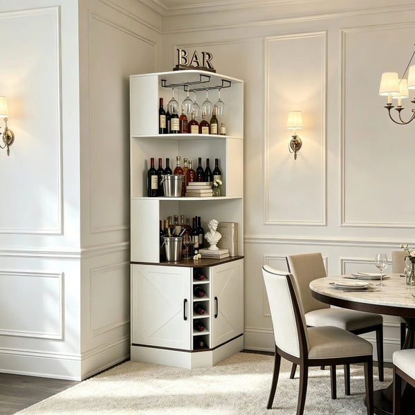English Elm Tall Farmhouse Corner Bar Cabinet with Wine Glass Rack and Open Display Shelving White W2977P536713