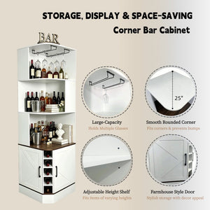 English Elm Tall Farmhouse Corner Bar Cabinet with Wine Glass Rack and Open Display Shelving White W2977P536713
