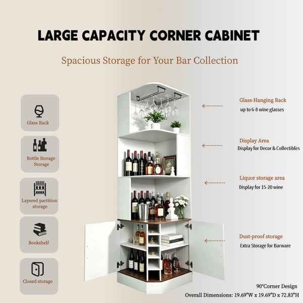 English Elm Tall Farmhouse Corner Bar Cabinet with Wine Glass Rack and Open Display Shelving White W2977P536713