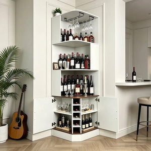 English Elm Tall Farmhouse Corner Bar Cabinet with Wine Glass Rack and Open Display Shelving White W2977P536713