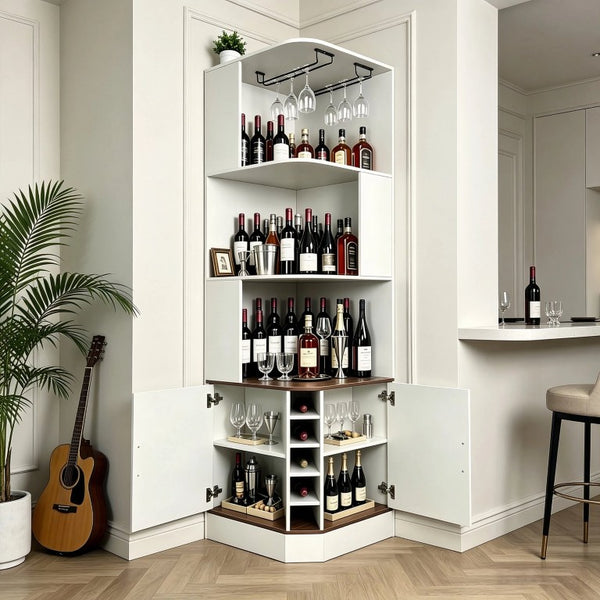 English Elm Tall Farmhouse Corner Bar Cabinet with Wine Glass Rack and Open Display Shelving White W2977P536713