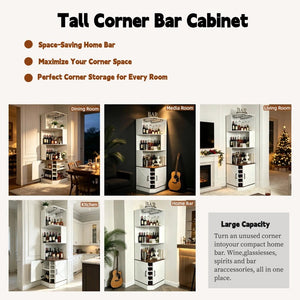 English Elm Tall Farmhouse Corner Bar Cabinet with Wine Glass Rack and Open Display Shelving White W2977P536713