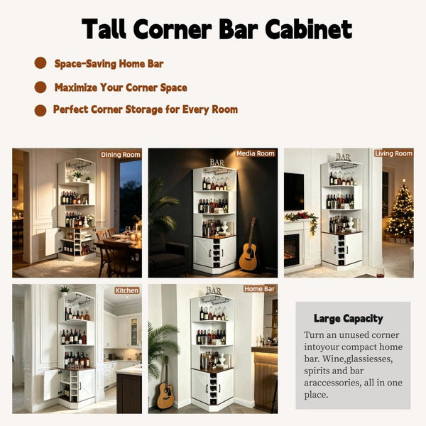 English Elm Tall Farmhouse Corner Bar Cabinet with Wine Glass Rack and Open Display Shelving White W2977P536713