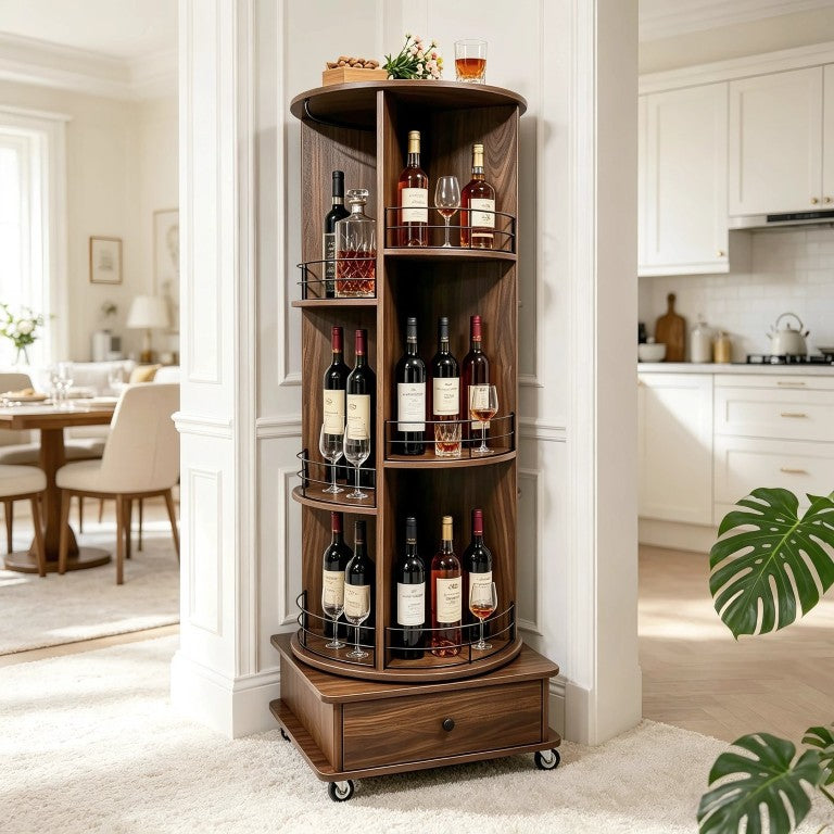 English Elm 53 Inch Rotating Corner Wine Tower Retro Bar Cart with Stemware Holders Lockable Wheels W2977P536714
