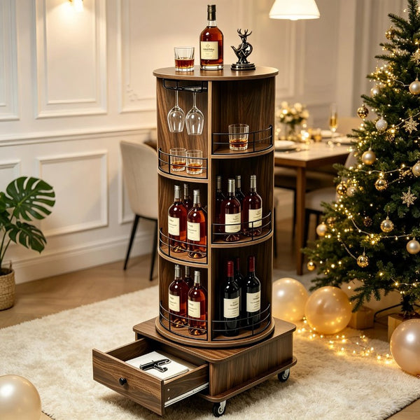 English Elm 53 Inch Rotating Corner Wine Tower Retro Bar Cart with Stemware Holders Lockable Wheels W2977P536714