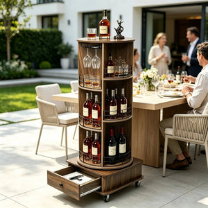 English Elm 53 Inch Rotating Corner Wine Tower Retro Bar Cart with Stemware Holders Lockable Wheels W2977P536714