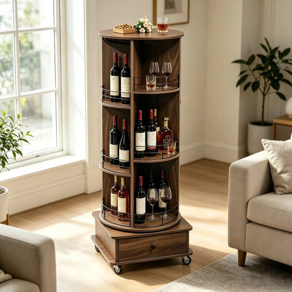 English Elm 53 Inch Rotating Corner Wine Tower Retro Bar Cart with Stemware Holders Lockable Wheels W2977P536714