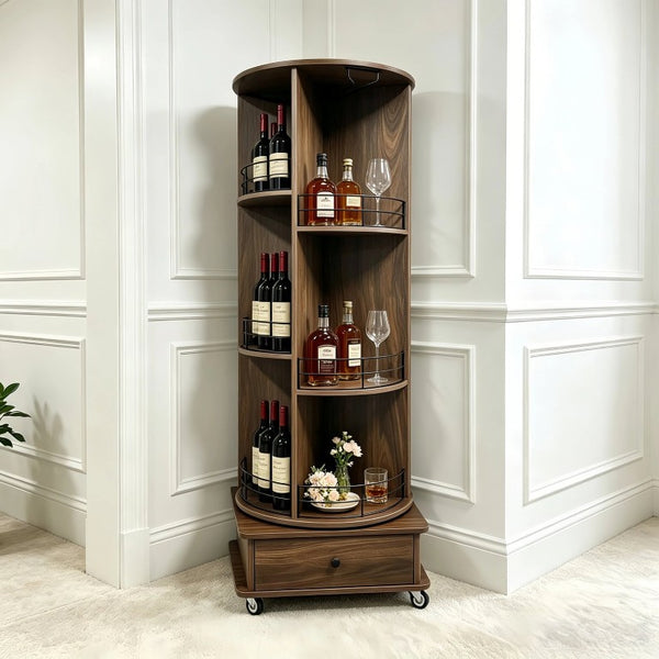 English Elm 53 Inch Rotating Corner Wine Tower Retro Bar Cart with Stemware Holders Lockable Wheels W2977P536714